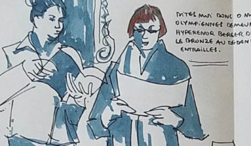 2 femmes debout entrain de lire. texte "Catherine Fournil. Dites moi O muses des olymiennes demeures. Hyperenor berger d'hommes. Le bronze au dedans fouilla les entrailles. Flèche (pour indiquer la page suivante) Chant XV. Batailles près des navires Achéens"