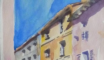 Enfilade des 3 maisons colorées (rose, jaune avec boutique rouge, grise) sur la partie droite de la rue Lamartine. Texte : "CLUNY 4.10.2014 BOURGOGNE & BOURGOGNE PASSTOUGRAIN 2009. CHATEAU DES BOIS. Signé BR entre chevrons.