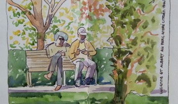 Un couple d'un certain âge, en train de lire, sur un banc au soleil. Texte : "LUCIENNE ET ALBERT AU PARC ANDRE CITROEN. 19.04.2015"