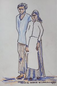Un homme et une femme de la campagne, debout, elle en tablier, lui portant une blouse. Texte "14.07.16. Ondine de Giraudoux" Signé BR