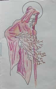Vieil homme auréolé, de profil, portant des branchages et enveloppé dans un manteau rouge.