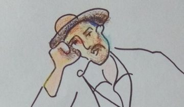 Homme assis portant chapeau, de face, accoudé (coude droit) à une table et fumant la pipe. Texte "Homme à la pipe. Cézanne. Musée Pouchkine. 9.01.2017. Expo Chtchoukine". Signé BR