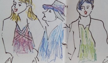 Trois femmes, en buste, chantant, dont l'une de profil avec un chapeau. Texte "LES POLYESTERS 30.01.2016". Signé BR.