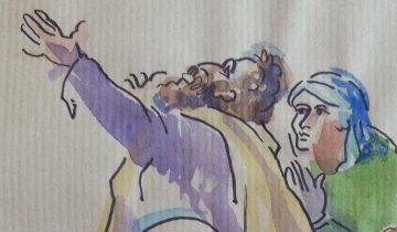 Homme debout de profil, les mains levées au ciel. 3 femmes derrière lui. Texte "Hugues Taraval 1783 Le sacrifice de Noé au sortir de l'arche. 2 avril 2017" Signé BR
