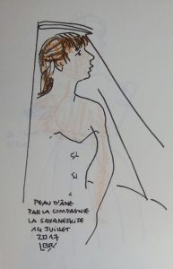 Jeune fille de profil. Texte "Peau d'âne par la compagnie La Savaneskine. 14 juillet 2017" Signé BR